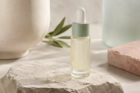 Flacon de sérum contour des yeux posé sur une pierre claire, avec une texture aqueuse en lumière douce.