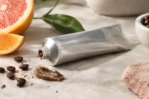 Tube en aluminium de gommage visage au café posé sur une pierre claire, avec une noisette de pâte granuleuse.