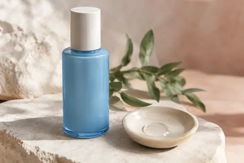 Flacon bleu d’essence hydratante posé sur une pierre claire, avec une goutte de texture liquide à côté.
