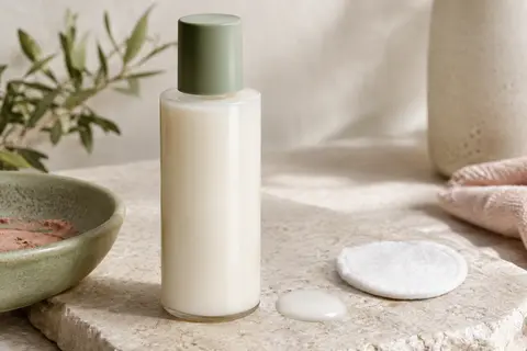 Flacon de lait démaquillant 3-en-1 posé sur une pierre claire avec un coton blanc