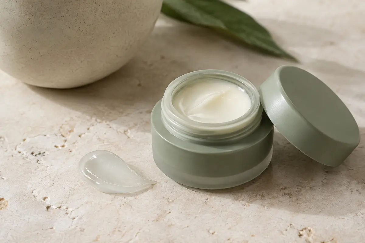 Soin contour des yeux en texture crème-gel présenté sur une pierre claire avec une touche de produit.