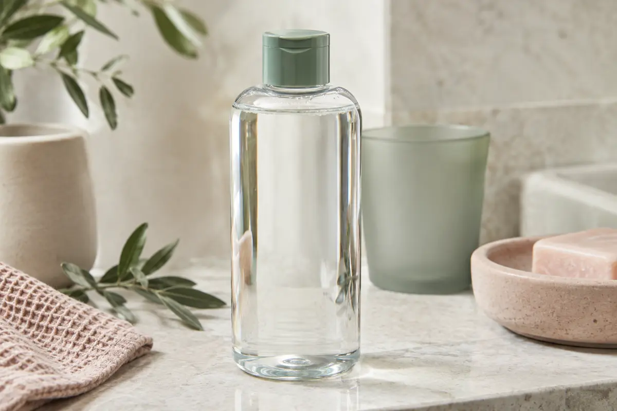 Flacon d’eau micellaire pour peaux sensibles posé sur une pierre claire, près d’un verre dépoli.