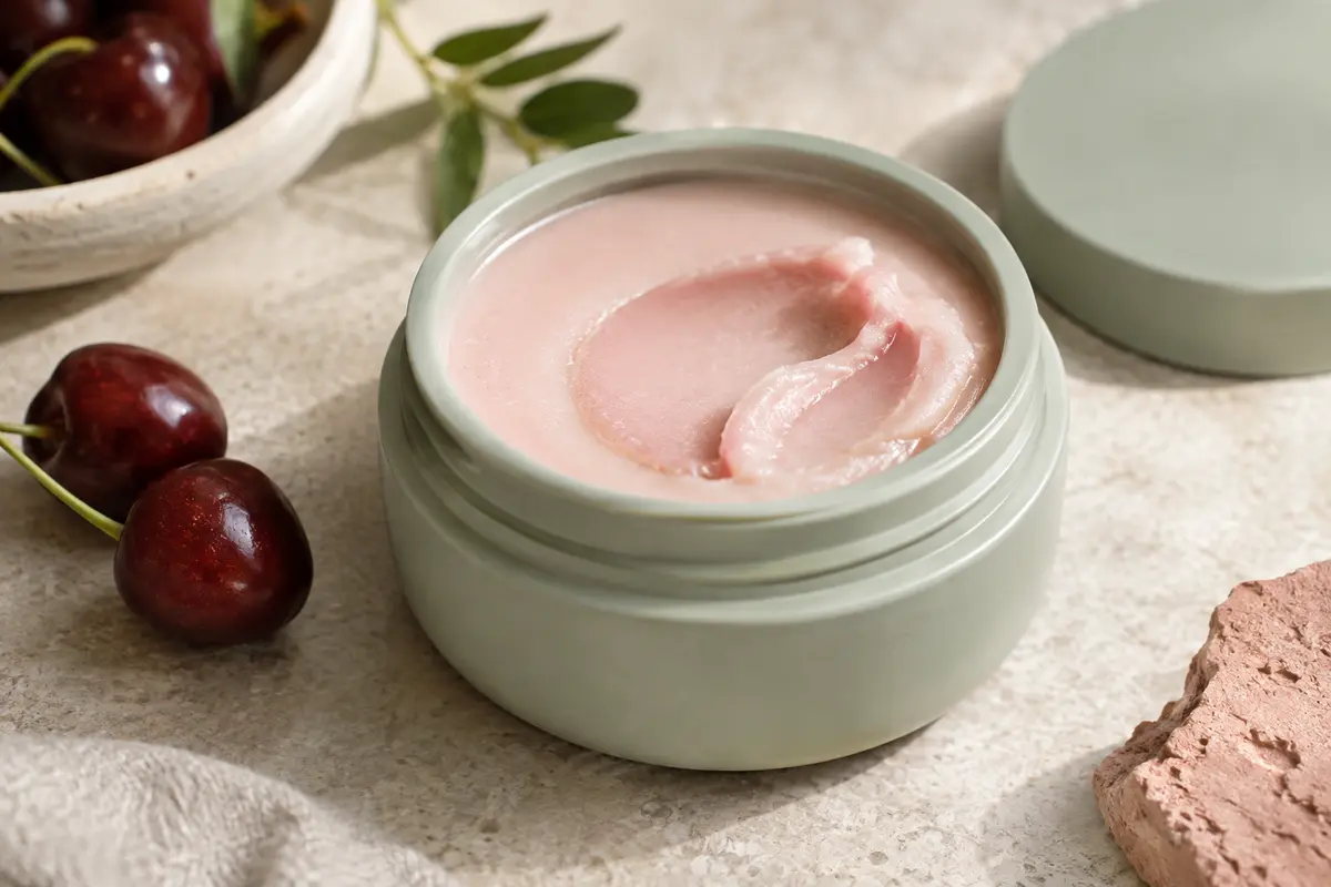 Baume démaquillant crémeux à la cerise présenté dans un décor clair et épuré