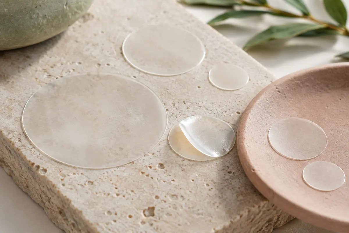 Patchs hydrocolloïdes transparents de plusieurs diamètres disposés sur une pierre claire.