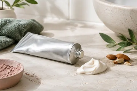 Tube en aluminium de Cold Cream visage posé sur une pierre claire, avec une noisette de crème riche.