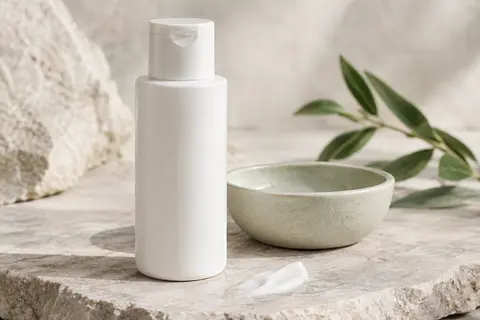 Lait nettoyant visage blanc à l’amande posé sur une pierre claire, avec une touche de texture lactée