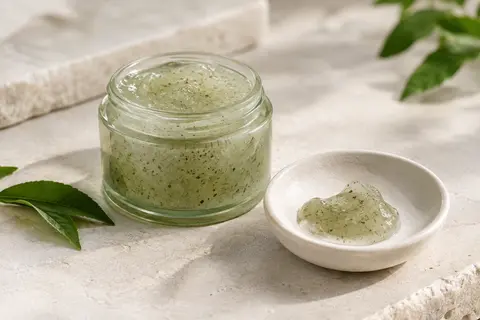 Peeling visage en gel avec une touche de texture translucide sur une coupelle en céramique claire.