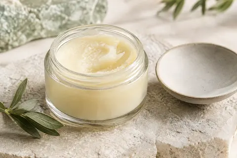 Baume démaquillant pour le visage présenté dans un pot en verre sur une pierre claire
