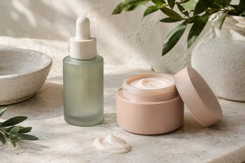 Textures et contenants de soins du visage réunis dans une mise en scène sobre et lumineuse.