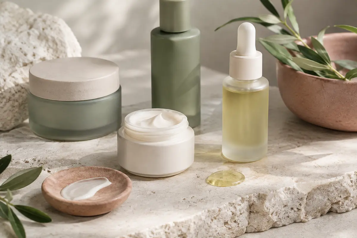 Soins du visage et textures de routine présentés dans une composition lumineuse et épurée.